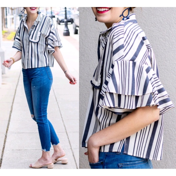 a new day Tops - A New Day Striped Ruffle Flutter Sleeve Crop Top